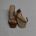 PARTY Women's Square Open Toe Strappy Heeled Sandals 3 inch Stiletto Kitten Heel with Ankle Buckle Strap, Comfortable Slingback Summer Dress Shoes (7.5, Brown Pu)