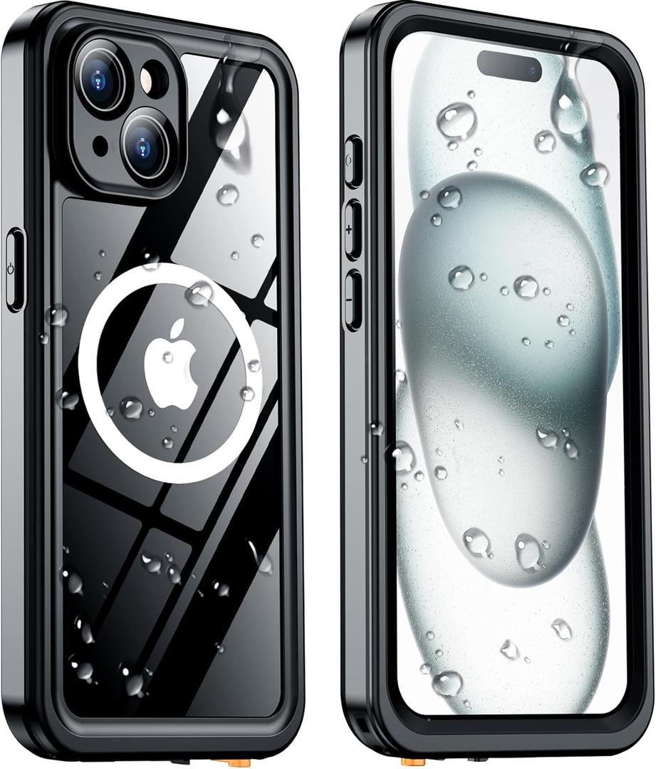 Temdan Magnetic for iPhone 15 Case Waterproof, [Built-in Screen Protector][IP68 Underwater][15FT Military Dropproof][Dustproof][Real 360] Full Body Shockproof Protective Phone Case 6.1'' - Black/Clear