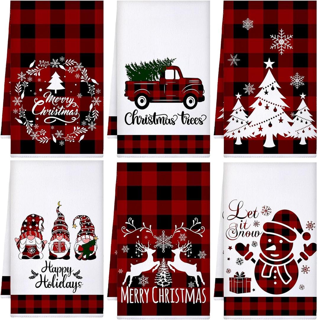 Sratte 6 Pcs Winter Kitchen Towels Snowman Gnome Truck Dish Towel Absorbent Red Black Buffalo Plaid Bathroom Hand Towels Farmhouse Winter Tea Towel for Kitchen Bathroom Decoration Housewarming Gift