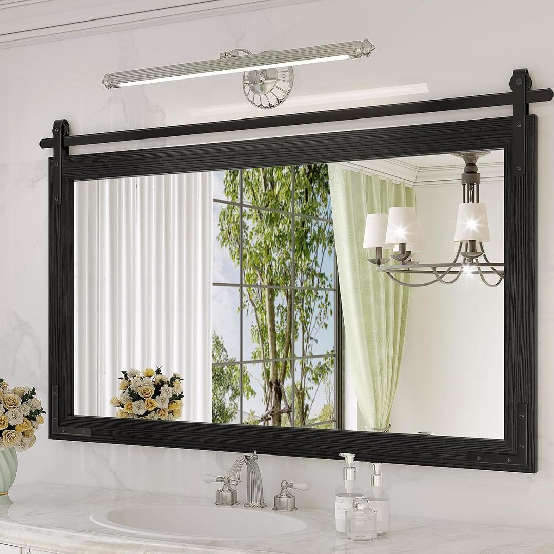 Farmhouse Mirror for Bathroom, 40x26 Inch Black Vanity Mirror for Wall, Wood Framed Rustic Mirror Rectangular Wall Decor Mirrors for Entryway Living Room Bedroom