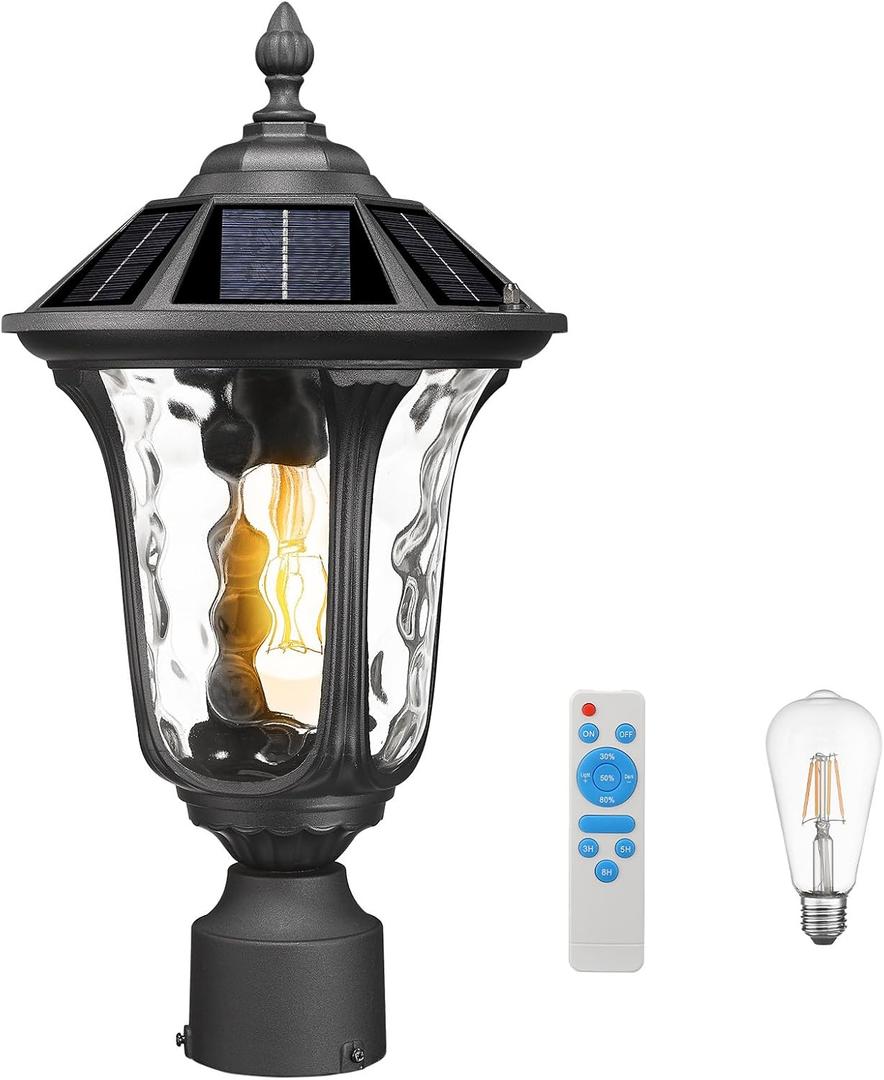 Outdoor Post Solar Light LED, Dusk to Dawn Pole Lighting Waterproof with Remote Control Exterior Pillar Lantern 3 Lighting Modes Outside Solar Lamp for Patio Porch Garden, 18'' Black, 17.7 inch