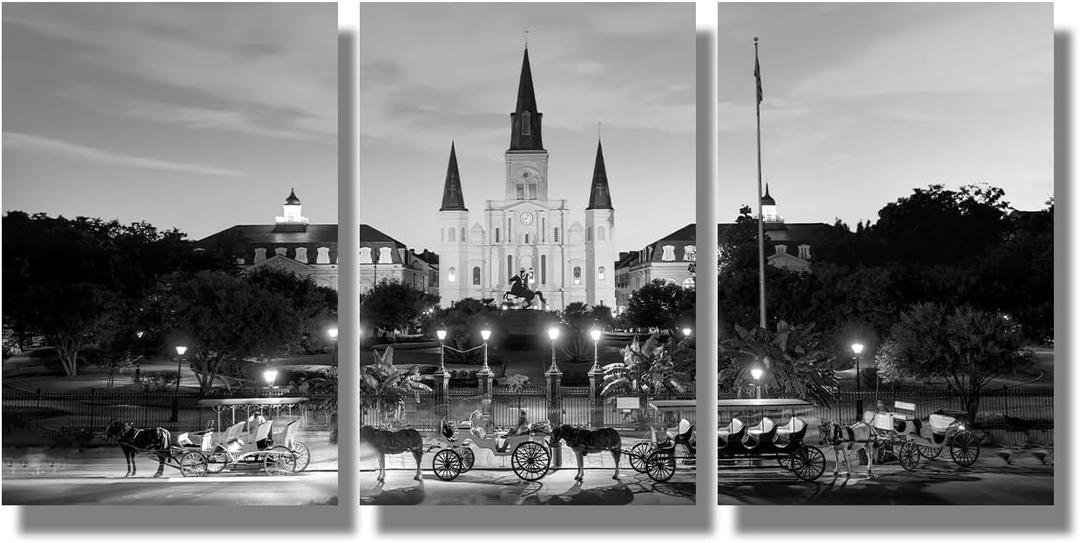 3 Piece Black and White Wall Art United States Cityscape Paintings Home Decor Saint Louis Cathedral Skyline Prints on Canvas Louisiana Jazz Artwork Picture for Living Room Ready to Hang 12X16X3INCH (New Orleans)
