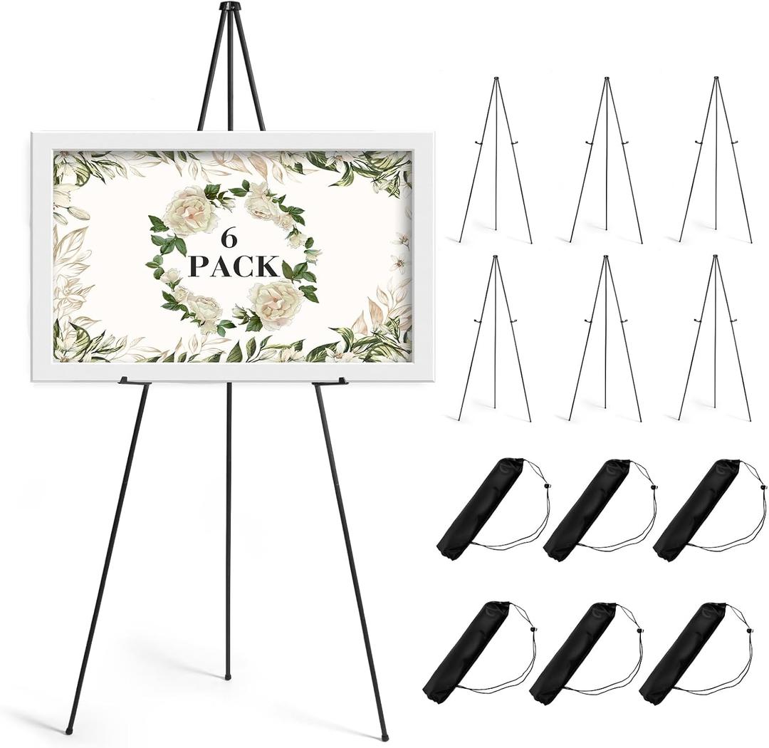 AZEAM 63" Easel Stand for Sign, 6 Pack Portable Easel for Painting, Foldable Black Metal Easel Display Stand Poster Holder Adjustable Sign Stand for Display Wedding Arts Poster