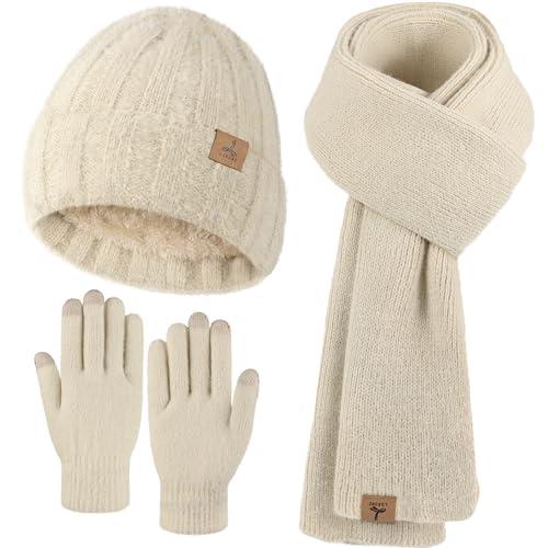Oatmeal Winter Beanie Hat Scarf Gloves, Warm Fleece Knit Hat Long Scarf Neck Warmer Touch Screen Winter Gloves Set