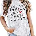 Valentines Shirts Teacher Outfits Alphabet ABC I Love You Tops Girlfriend Gifts Valentine Short Sleeve Tees Tops White