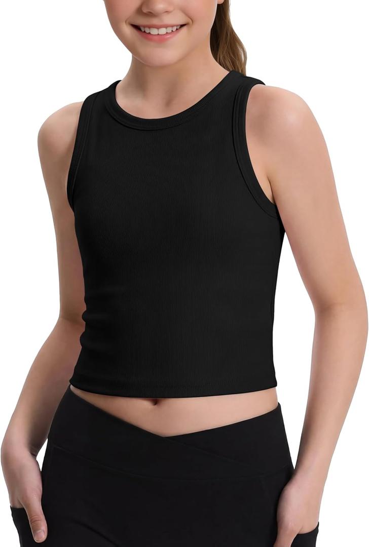 Poroka Girls Tank Tops Kids Athletic Sleeveless Crew Neck Ribbed Knit Casual Workout Crop Tops (9-10 Years, Black)