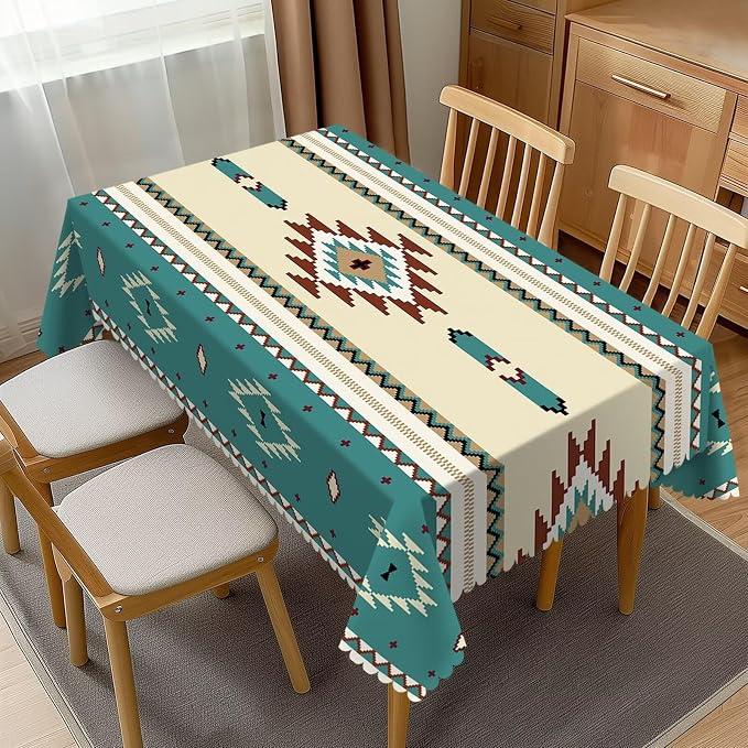 Aztec Tablecloth Rectangle Ethnic Southwestern Mexican Native Tribal Green Table Cloth Wrinkle Resistant Table Cover for Kitchen Dining Party Decorations 54 x 72 Inch