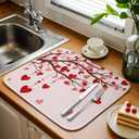 Valentine's Pink Day Dish Drying Mat Love Tree Drying Matt Kitchen Counter Absorbent Microfiber Quick Dry Mats Red Pink Heart Valentines Day Dishes Drainer Home Decor 18x24 Inch