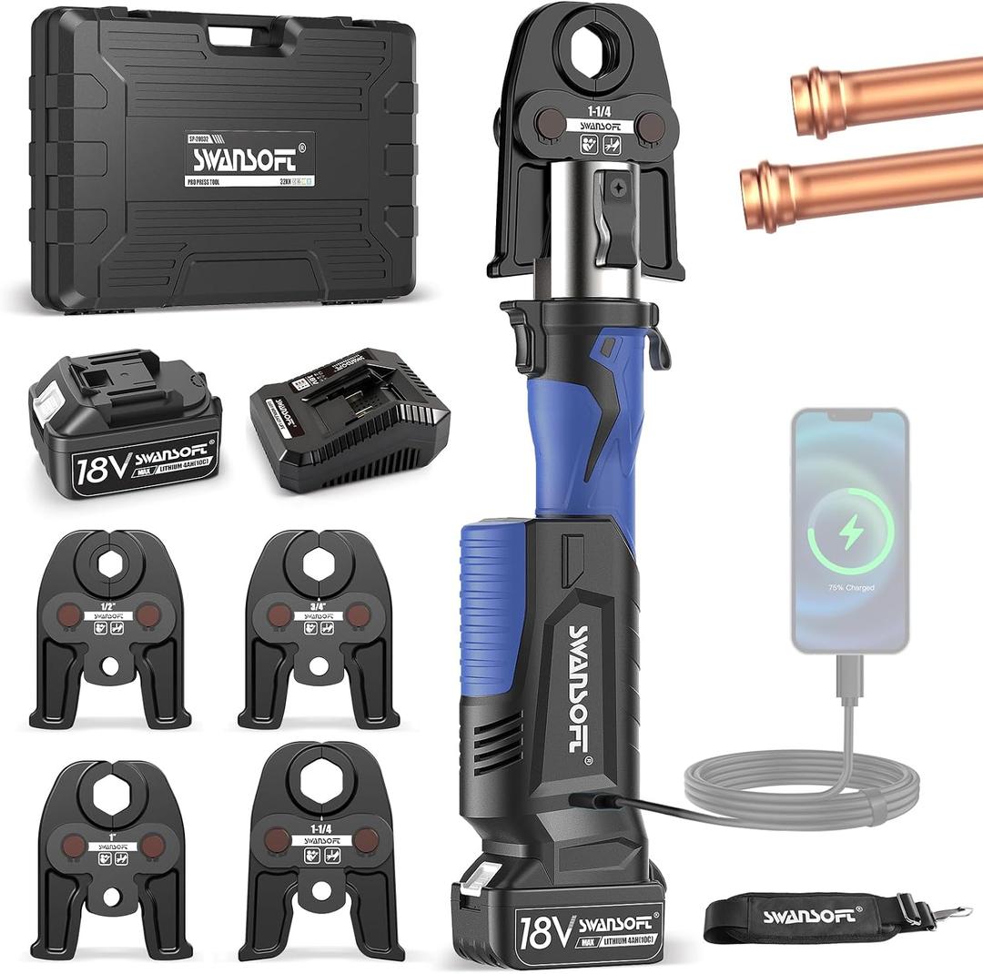 SWANSOFT 32kN Copper Pipe Crimping Tool, VUS 1/2" To 1-1/4" | 2*4Ah battery | Precise Crimp, Zero Leak, Fast Press, Dual 18V 4Ah Battery, Endurance, 32kN Press Tool & 4 US Standard Jaws for Copper Pipes