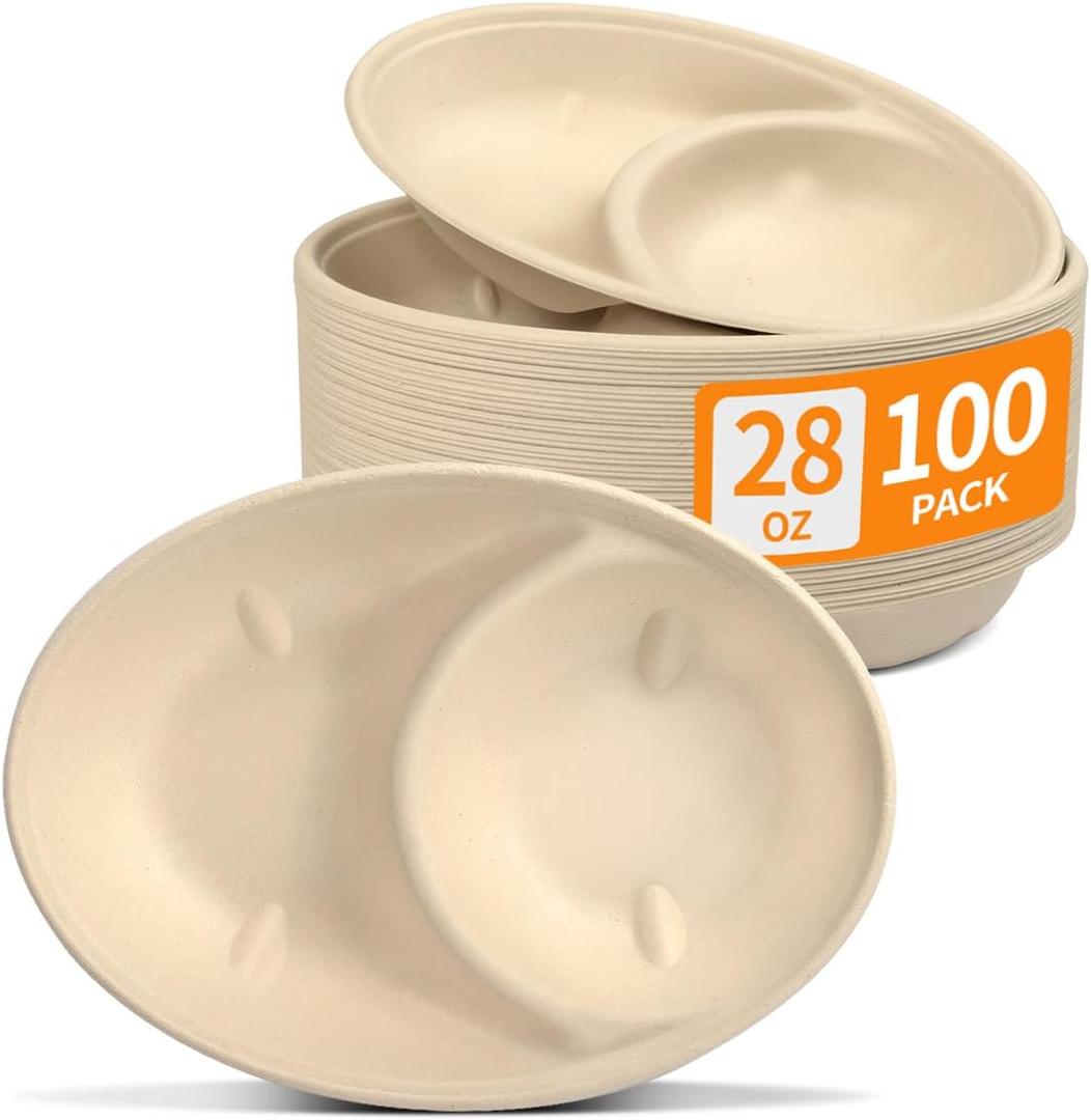 Celel 2 Compartment Oval Paper Bowls 100 Pack, Disposable Chip and Dip Bowls for Party Chips and Salsa Bowl for Party, Divided Snack Bowl Disposable