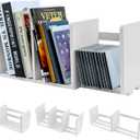 MyGift White Wood Desktop Bookshelf Organizer, Expandable Adjustable Display Shelf Book Rack