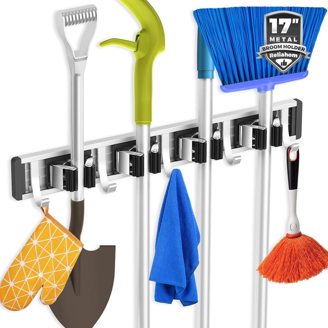 Broom Holder Wall Mount Mop and Broom Hanger Wall Mounted Garage Storage Rack Kitchen Garden Tool Organizer (4 Racks with 5 Hooks, Black) (1 Pack 4R5H)