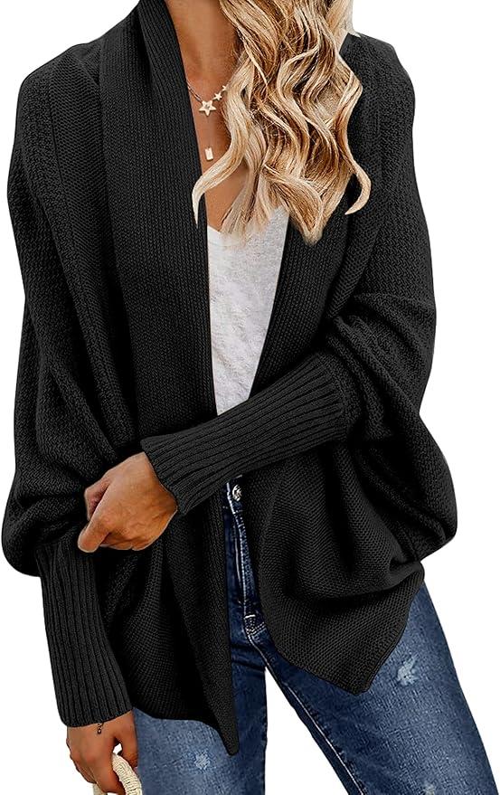 GRECERELLE Women's Kimono Batwing Cable Open Front Knitted Slouchy Oversized Wrap Cardigan Sweater Outwear Coat, L