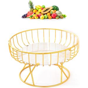 Metal Wire Fruit Bowl, 9 inch Gold Metal Fruit Basket Bowl Countertop Fruit Holder Stand Decor Pedestal Serving Bowls for Fruits Breads Vegetables Snacks (Small)