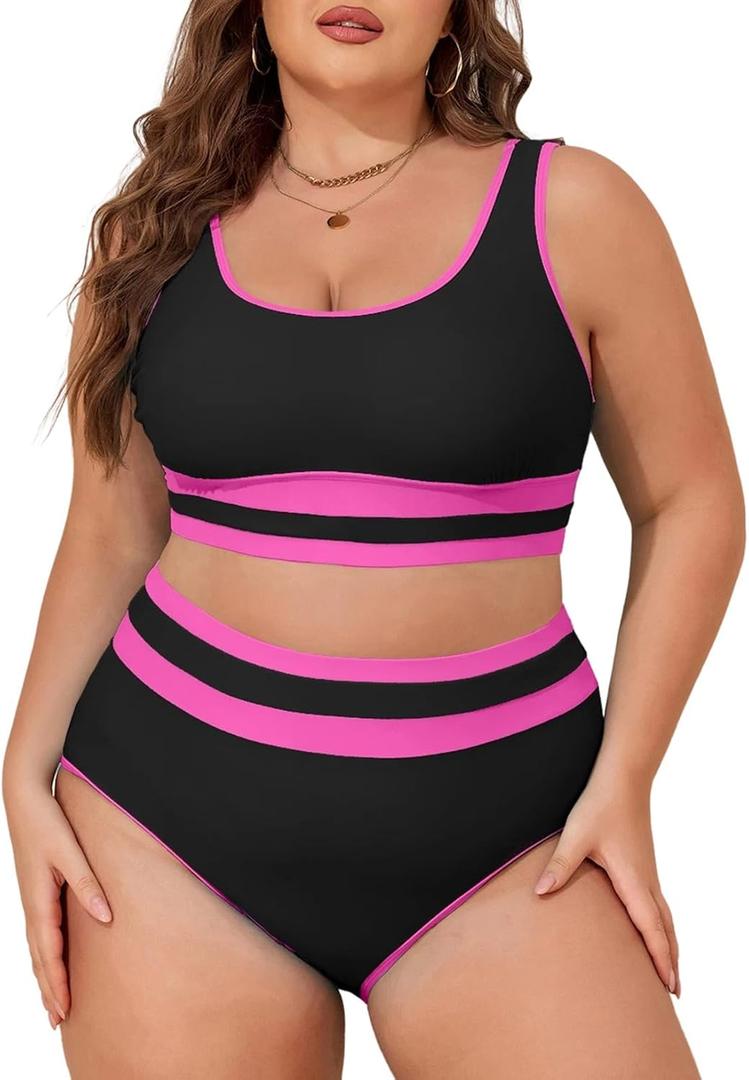 Eytino Womens Plus Size Bikini Sets High Waisted Scoop Neck Bahting Suits Two Piece Color Block Swimsuits(1X-5X) (2X, Black Rose)