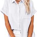 Womens Casual Cotton Linen Button Down Short Sleeve Shirts Solid Summer Beach Blouses Tops with Pocket (White, M)