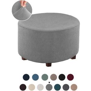 Round Ottoman Slipcover Polyester Blend Footstool Protector Covers Stretch with Elastic Bottom Feature Textured Machine Washable Jacquard Fabric (Gray, X-Large Size)