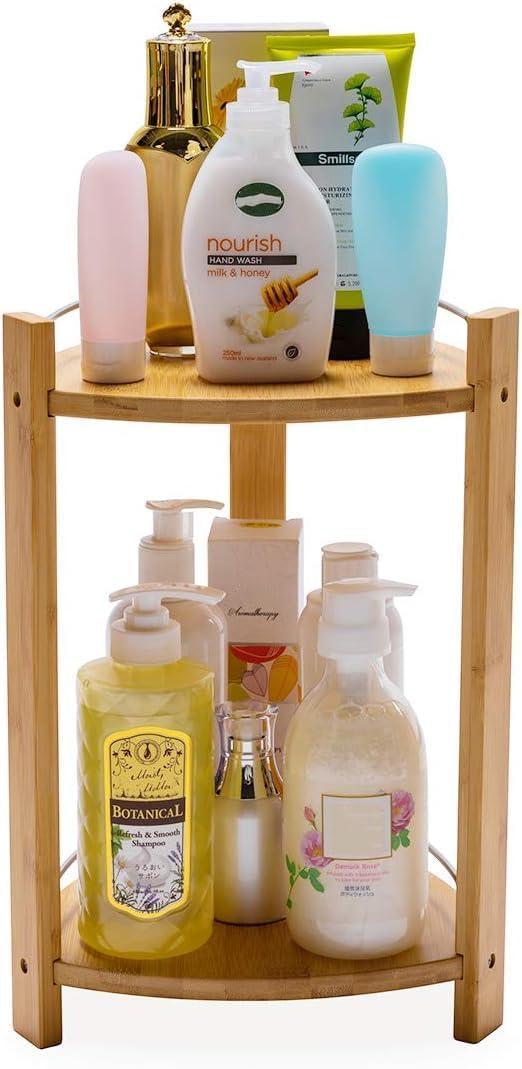 GOBAM Bamboo Shower Corner Caddy, Large - 2 Tier Standing Shower Stand for Shampoo, Conditioner, Lotion, Soap - Caddy Organizer for Kitchen, Bedroom, or Office