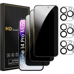3 Pack Privacy Screen Protector for iPhone 14 Pro Max 6.7 Inch with 3 Pack Camera Lens Protector, Anti Spy Tempered Glass Film, Anti-Scratch, Touch Sensitive, Case Friendly