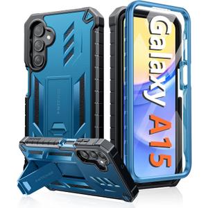 FNTCASE for Samsung Galaxy A15-5G Case: Military Grade Drop Proof Protection Phone Cover with Kickstand | Heavy Duty Rugged Full Body Protective Shockproof Matte Textured TPU Cases - 6.5 Inch (Blue)