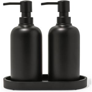 Matte Black Soap Dispenser Set with Tray, 2 Pack 15oz Round Rustproof Liquid Hand Dish Soap Dispensers with Tray for Kitchen Sink, Countertop, and Bathroom