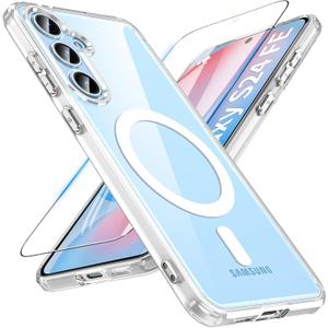 OWKEY for Samsung Galaxy S24 FE Case 6.7'', Magnetic Galaxy S24 FE Case for Magsafe with Tempered Screen Protector [Shockproof Military] Translucent Matte Bumper Phone Cover Samsung S24 FE 5G, Clear