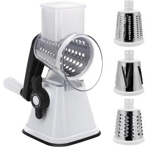Cheese Graters with Handle, Manual Cheese Shredder Rotary Grater with 3 Replaceable Drum Blades for Vegetables, Fruit, Food, Nuts (White)