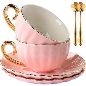 ICHAG Tea Cups and Saucers Set, Tea Cup Set, Cappuccino Cup, 7oz Vintage Porcelain Teacup and Saucer Set with Golden Spoon, Latte Cups, Coffee Cup Set for Women's Tea Party, Home Office Gifts (2pc)
