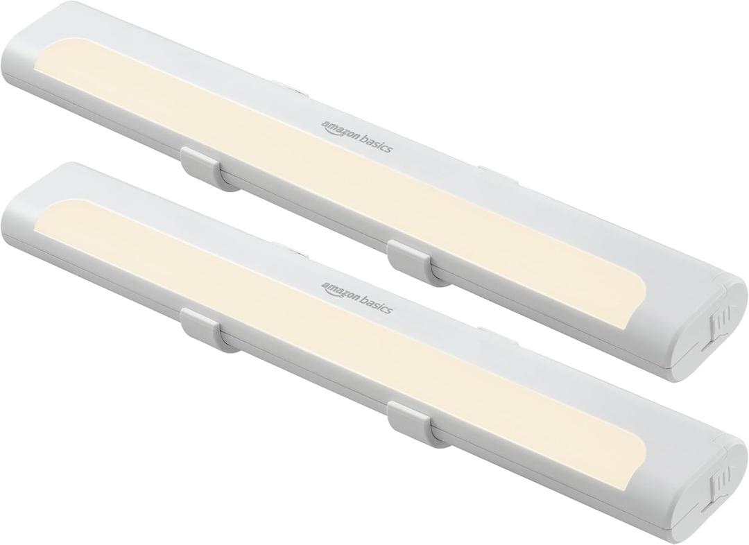 Amazon Basics LED Stick On Lights, Battery Operated, Wireless, 65 Lumens, Portable Light, Under Cabinet Lighting, Closet, Kitchen, 2 Pack, White