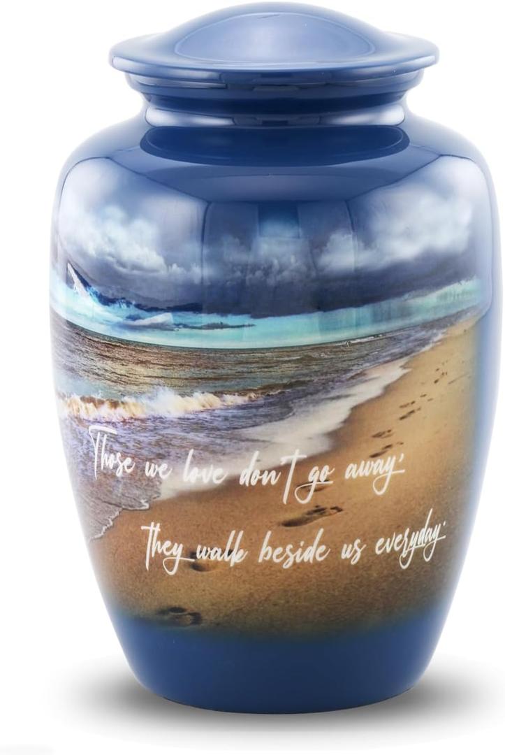 Footprints Cremation Urn - Ocean Blue Memorial Urn with Beach & Waves  Full-Size Handcrafted Metal Funeral Urns for Men & Womens Ashes (Up to 210 lbs)  A Beautiful Tribute for Ocean Lovers