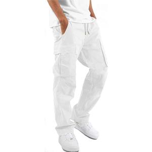 HUNGSON Mens Cargo Pants Drawstring Casual Hiking Pants Joggers Athletic Trousers Cotton Loose Straight Sweatpants for Men (34, White)