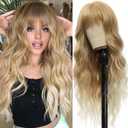 Vomella Blonde Wig With Bangs 26 Inch Long Curly Wavy Wigs for Women Natural Looking Synthetic Heat Resistant Wig for Daily Party Use