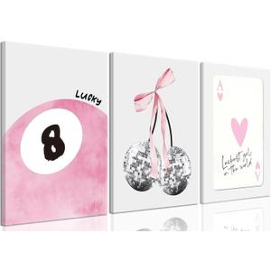 JBZZD Pink Coquette Canvas Wall Art Set of 3 Trendy Preppy Disco 8 Ball Cherry Wall Decor Posters Room Decor Prints Pictures for College Apartment Girls Bedroom Living Room Framed 16x24 In (24L x 16W)