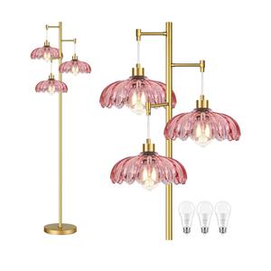 Vintage Floor Lamps for Living Room Bedroom-3 Light Glass Floor Lamp with Three Led Bulb, Modern Mid Century Standing Lamp Brass Tall Lamp Gold Tree Floor Lamp for Bedroom Corner