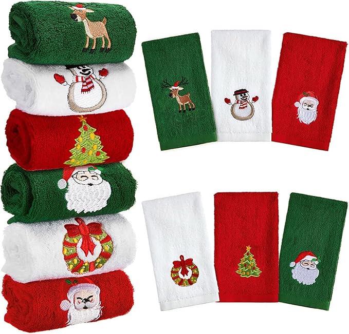 Tatuo 12 Pieces Christmas Bathroom Towel Santa Reindeer Snowman Cotton Decorative Hand Towels Fabric Christmas Cotton Embroidered Hand Towels for Kitchen Bathroom Home Cleaning (Classic Style)