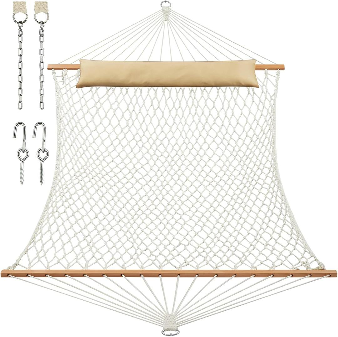 JoyView Traditional Rope Double Hammock - Hand Woven Cotton Hammock with Hardwood Spreader Bar and Pillow 450lb Capacity for Outdoor Indoor Patio Yard - Natural (Beige)