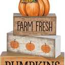 4 Pcs Thanksgiving Pumpkin Decor Fall Table Decoration Fall Tiered Tray Decor Thanksgiving Centerpiece Rustic Decorative Pumpkin Block Signs Farmhouse Harvest Decoration for Home Kitchen