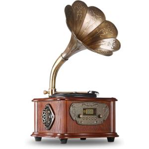Record Player Retro Turntable All in One Vintage Phonograph Nostalgic Gramophone for LP with Copper Horn, Built-in Speaker 3.5mm Aux-in/USB