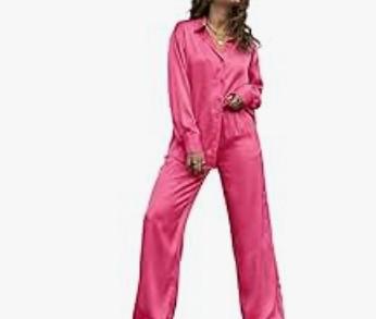 Satynova Women's Silk Satin Pajama Sets Long Sleeve,2 Piece Sleepwear with Button Down Top and Pants,Soft Loungewear Pink Size L