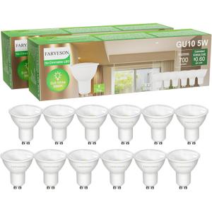 GU10 LED Light Bulbs - 5W, Warm White (3000K), Non-Dimmable, 700 Lumens, Wide 110 Flood Beam, Great for Recessed and Track Lighting in Kitchens, Living Rooms, and Bedrooms, 12-Pack