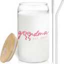 BEHIFL Grandma Glass Cup with Lids and Straws 14oz, Best Mother's Day Birthday Gifts for Grandma from Grandkids, Grandmother Gifts Glass Iced Coffee Tumbler Drinking Jars with Cleaning Brush