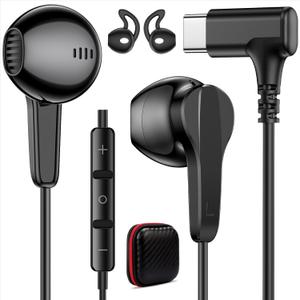 USB C Earbuds Wired Headphones 90° Right Angled Plug in USBC Ear Buds for Apple Headphone Laptop Computer Wire Corded Earphones for iPhone Air 17 17e 16 16e 15 for Samsung S26 Ultra S25 S24 S23 Black