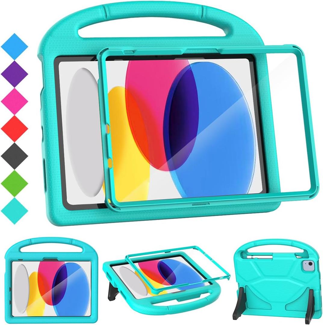 SUPLIK Kids Case for iPad A16 11-Inch 2025 (11th Gen) & iPad 10th Generation (10.9" 2022), Durable Shockproof Stand Cover with Screen Protector/Pencil Holder/Handle for Kids, Cyan