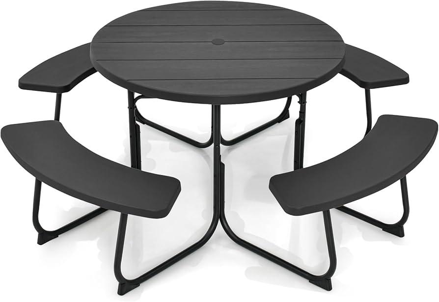 Round Picnic Table for Outdoors, 8 Person Outdoor Picnic Tables & Benches Set with Umbrella Hole, HDPE Tabletop & Metal Frame, 2000 LBS Capacity Table Bench Set for BBQ, Garden, Lawn, Patio