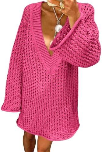 Saodimallsu Women Crochet Cover Up Long Sleeve Deep V Neck Hollow Out Sweater Oversized Beach Mini Dress Bathing Suit Coverup XXL