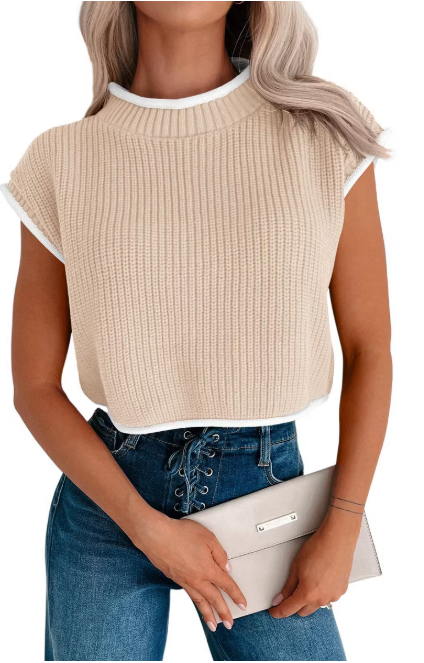 Disamer Womens Summer Cropped Sweater Vest Trendy Cap Sleeve Crop Tops Crew Neck Loose Knit Tank Top Apricot S