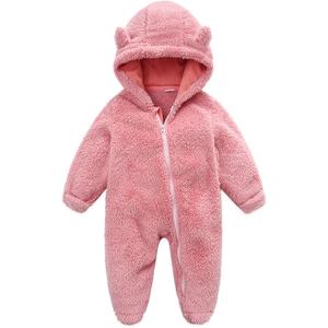 Baby Furry Jumpsuit Infant Bear Onesies Zipper Long Sleeve One-Piece Romper Hoodie Baby Outwear Snowsuit (0-3 Months, Pink-footed)