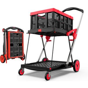 Collapsible Shopping Cart with Wheels, 200 lbs Capacity Grocery Cart on Wheels with Storage Crate, Platform Hand Truck with Foot Brake, Red