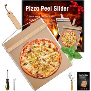 Non-Stick Sliding Pizza Peel 16" & 22x13 Metal Board, Bamboo Paddle w/Detachable Handle & Free Pizza Cutter for Beginners, Outdoor Oven Baking