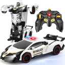 Remote Control Car Transformer Toys for Boy 4-6 Years Old: One-Button Transforming Police Car with LED Light & 360 Rotation Drifting 2.4 Ghz Robot RC Car Christmas Birthday Gift Idea for Kids (Black)